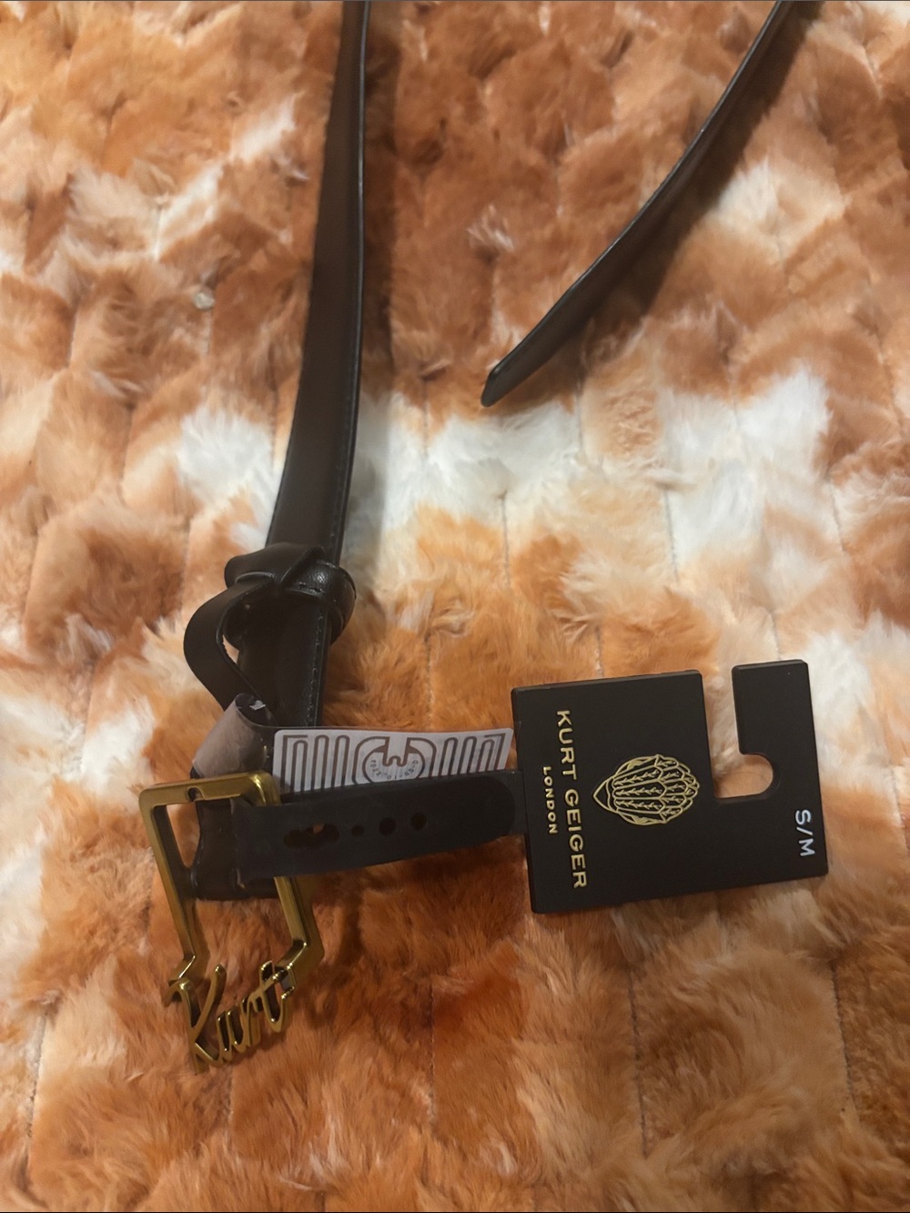 Kurt Geiger Black Leather Belt with Gold Logo Buckle